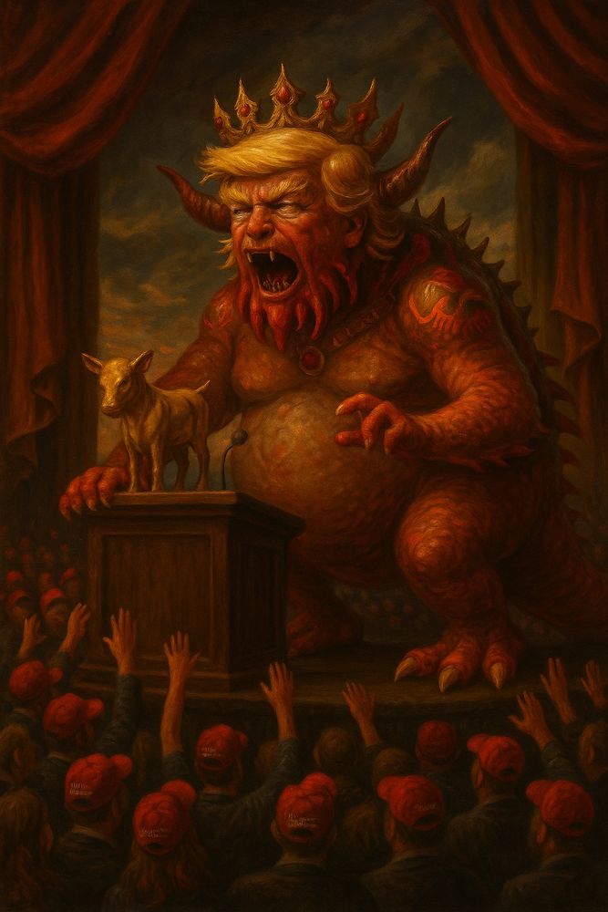 A monstrous, humanoid figure with an untidy blond combover towers above a sea of red-hatted followers. Flames and smoke rise behind him. His mouth is open wide — inside, small human figures are barely visible, trapped or consumed. The style evokes traditional religious apocalypse paintings, but twisted into modern political satire.