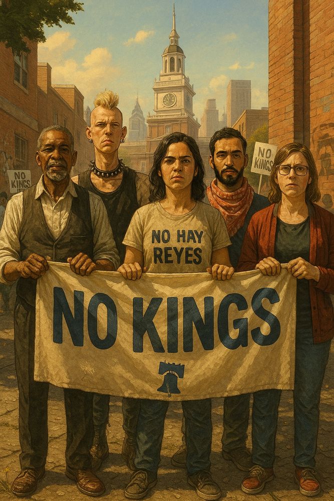 Painterly protest scene set in Philadelphia, mid-morning light. Five diverse protesters stand shoulder to shoulder, holding a hand-painted banner that reads “NO KINGS,” with a cracked Liberty Bell painted beside the lettering. In the center stands an older Black man in a vest and rolled-up sleeves — calm, resolute. To his left are a tall, thin white punk man and a Latina woman in a t-shirt reading “NO HAY REYES.” To his right, a young Arab man and a white woman with glasses. Behind them, faint outlines of a crowd and Philadelphia’s worn brick backdrop. The image feels grounded, weathered, and unshakably defiant.