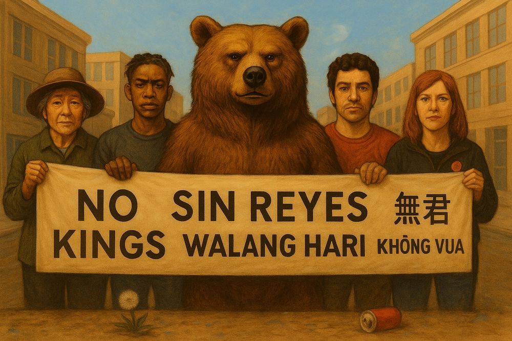 A hand-painted, graphic-novel–style image shows a powerful protest line under a clear blue sky. At center stands Cal Bear, arms lowered in quiet solidarity, flanked by five diverse people holding a wide multilingual banner that reads “No Kings” in English, Spanish, Chinese, Tagalog, and Vietnamese.

From left to right:
– An older Chinese woman in traditional attire
– A young Black man with short locs
– Cal Bear, standing resolute
– A Latino man with a quiet, defiant expression
– A white Gen X woman with red hair

Beneath Cal’s feet, a small dandelion seed puff sprouts from a crack in the concrete — a subtle symbol of resilience.
The modern buildings behind them fade into painterly perspective, while the protest line stands in sharp, grounded clarity.