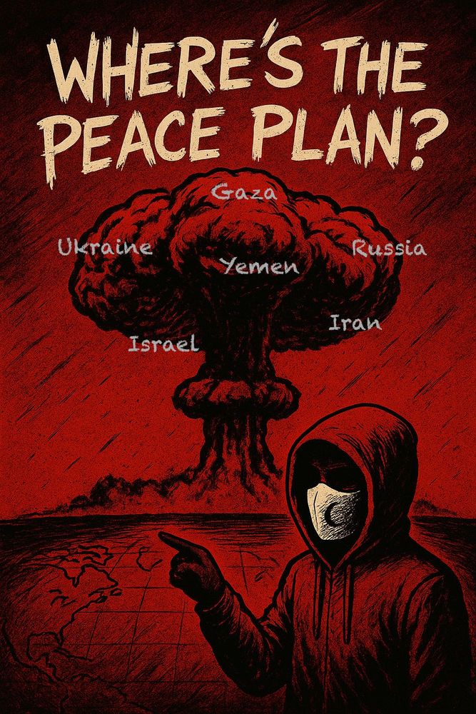 A bold, red-toned graphic novel–style illustration. At the center, a massive mushroom cloud rises into a dark sky. The top reads “Where’s the Peace Plan?” in large, distressed lettering. Faint chalk-like names — Gaza, Ukraine, Yemen, Israel, Russia, and Iran — are ghosted within the cloud, suggesting the global scale of conflict. In the foreground, a masked, hooded figure (Simon Jester) stands on a sketched world map, pointing toward the explosion. The image critiques Trump’s presidency and his broken promise of “no wars,” highlighting escalating global chaos.
