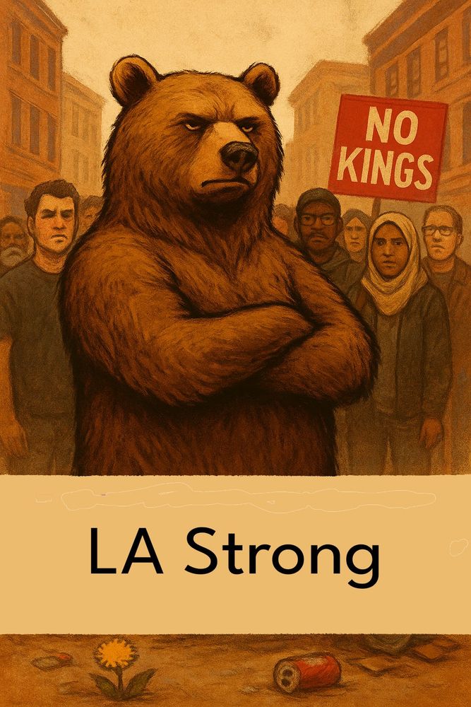 A large brown bear stands with arms crossed in the center of a city street, surrounded by a diverse group of calm but determined protesters. One holds a red sign that reads “NO KINGS.” The bear’s expression is serious and steady — more guardian than aggressor. The background buildings are warm-toned, evoking a dusty, late-afternoon glow reminiscent of Depression-era protest art. At the bear’s feet lies a crushed soda can, a few scattered papers, and a single blooming dandelion growing from a crack in the asphalt. The mood is resolute, collective, and unyielding — a portrait of defiance and protection in the heart of Los Angeles.
