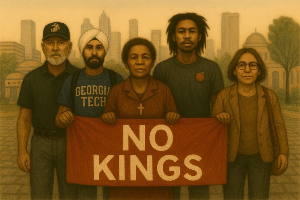 A powerful illustrated protest scene set against the Atlanta skyline. Five people stand shoulder to shoulder holding a red banner that reads “NO KINGS” in bold white letters. From left to right: a serious white man in a dark cap and shirt, suggesting a military or veteran background; a young Sikh man in a “Georgia Tech” t-shirt with visible backpack straps; an older Black woman wearing a cross necklace, with a calm but resolute expression; a Gen Z Black man with locs and a Georgia peach icon on his shirt; and an older Latina woman in glasses, a blazer, and a large tote bag. A single dandelion grows at their feet. In the background, the dome of the King Center is visible alongside the Atlanta skyline. The tone is grounded, united, and defiant.