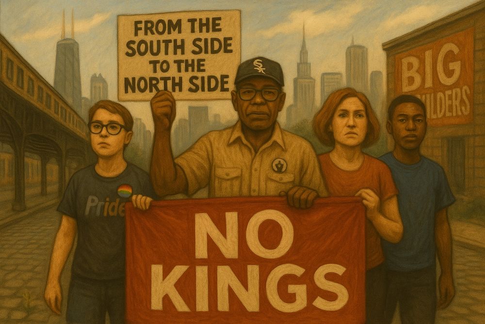 A diverse group of protesters stands shoulder to shoulder in front of a backdrop evoking Chicago — a city street scene with recognizable architecture and subtle mural details referencing “Big Shoulders.” In the center is an older Black man, dignified and calm, wearing a jacket with a small civil rights pin — evoking a Boomer who marched in the original movement. To his left, a young Latina woman wears large hoop earrings and a subtle Chicago Teachers Union hoodie. To his right, a white, androgynous Gen X protester wears an LGBTQ+ pride shirt. On the far left, a younger white man stands in solidarity. On the far right, a young Gen Z Black man wears a Sox cap. They hold a banner that reads “NO KINGS.” All figures are unified in stance and purpose, representing cross-generational and interracial solidarity. The painting is rendered in a warm, realistic, Red Alley–style tone.