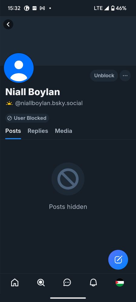 Screenshot showing I have Niall Boylan blocked 