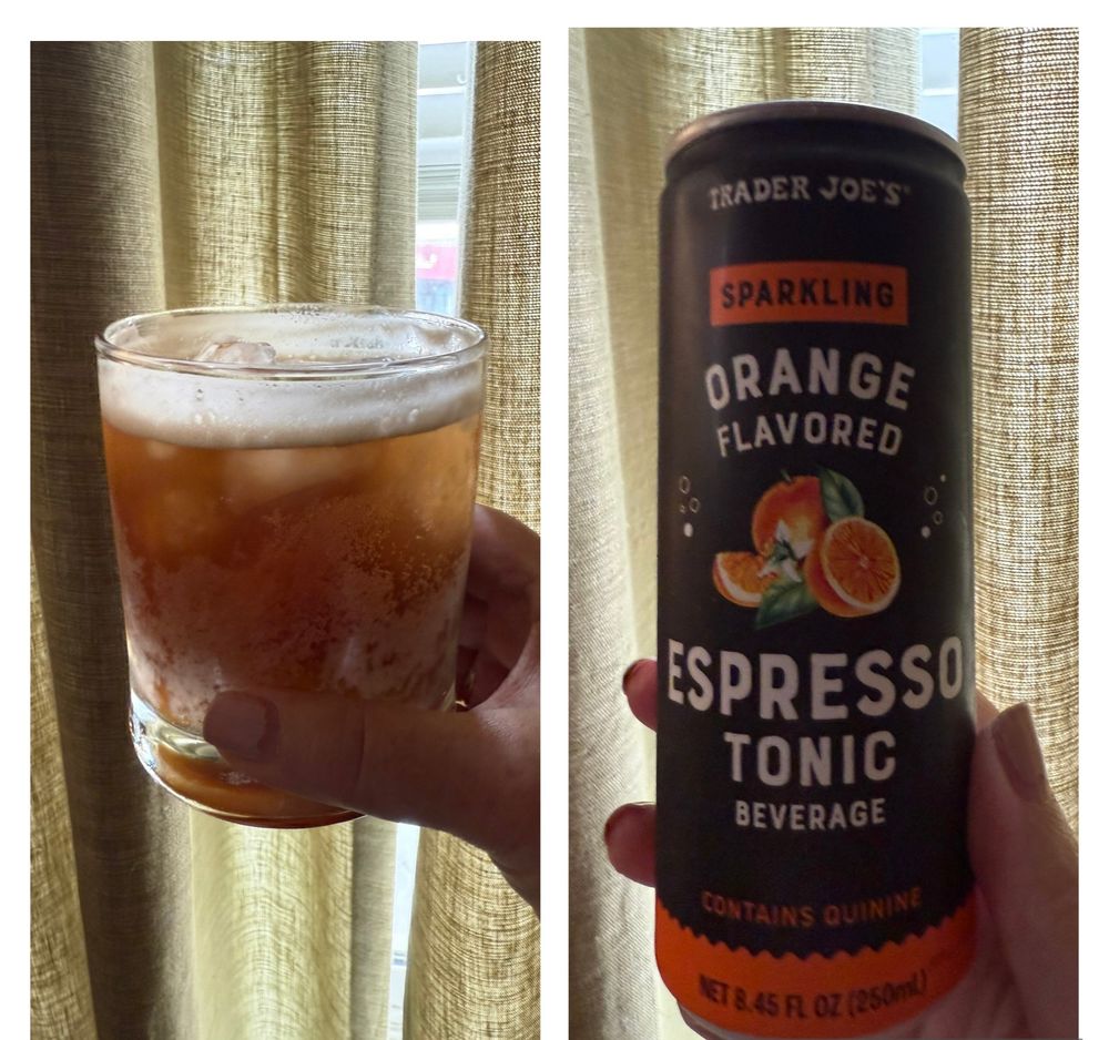 Split picture of espresso tonic over ice and the can of the espresso tonic with a hint of orange from Trader Joe’s