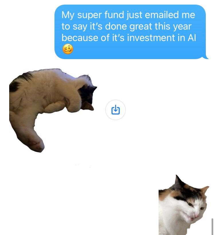 Screenshot of a text conversation where a message about a superfund investing in AI is responded to with a sticker of a cat with its paw over its face. The next response is the same cat looking disgusted. 