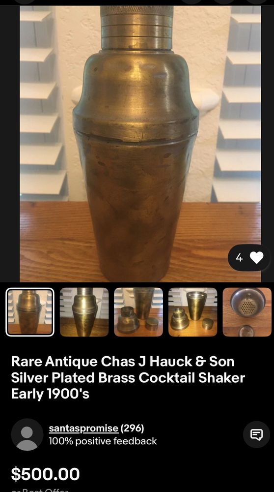 eBay listing for Charles J. Hauck 3-piece brass cocktail shaker with silver plated interior.
