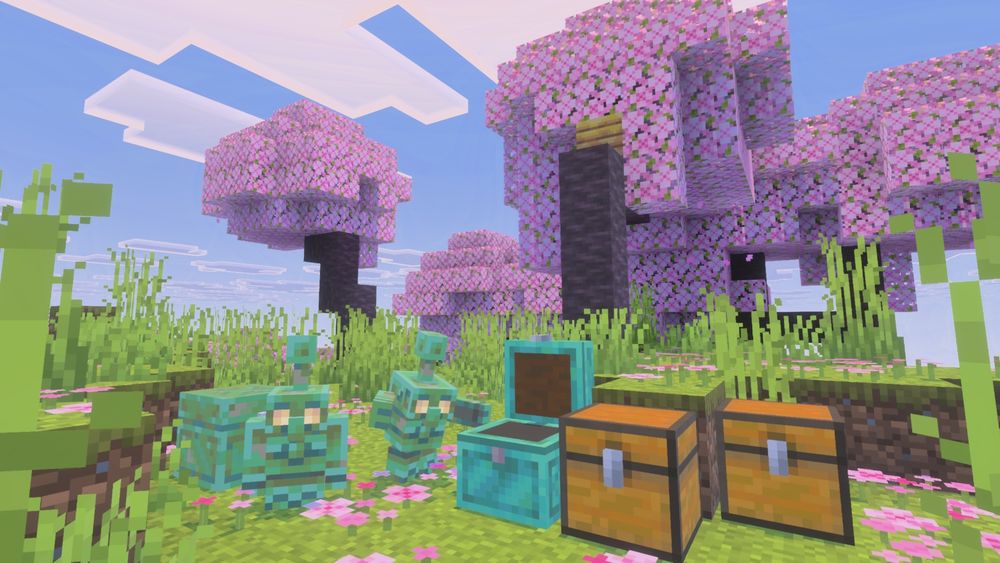 Copper golems looking in a chest, in a cherry grove