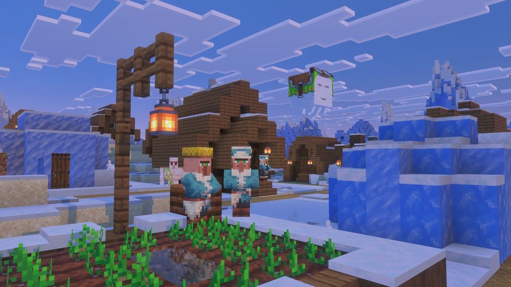 Villagers standing in a a snowy village. there is a happy ghast in the background, with a green harness.