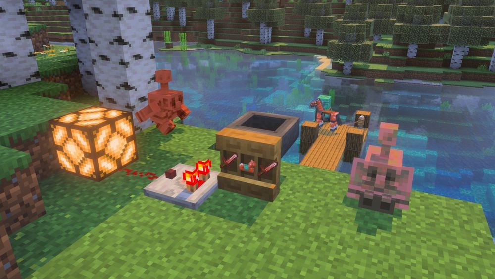 Shelf with items being read by a comparator! There are copper golem statues nearby, and a horse wearing copper armour, too!