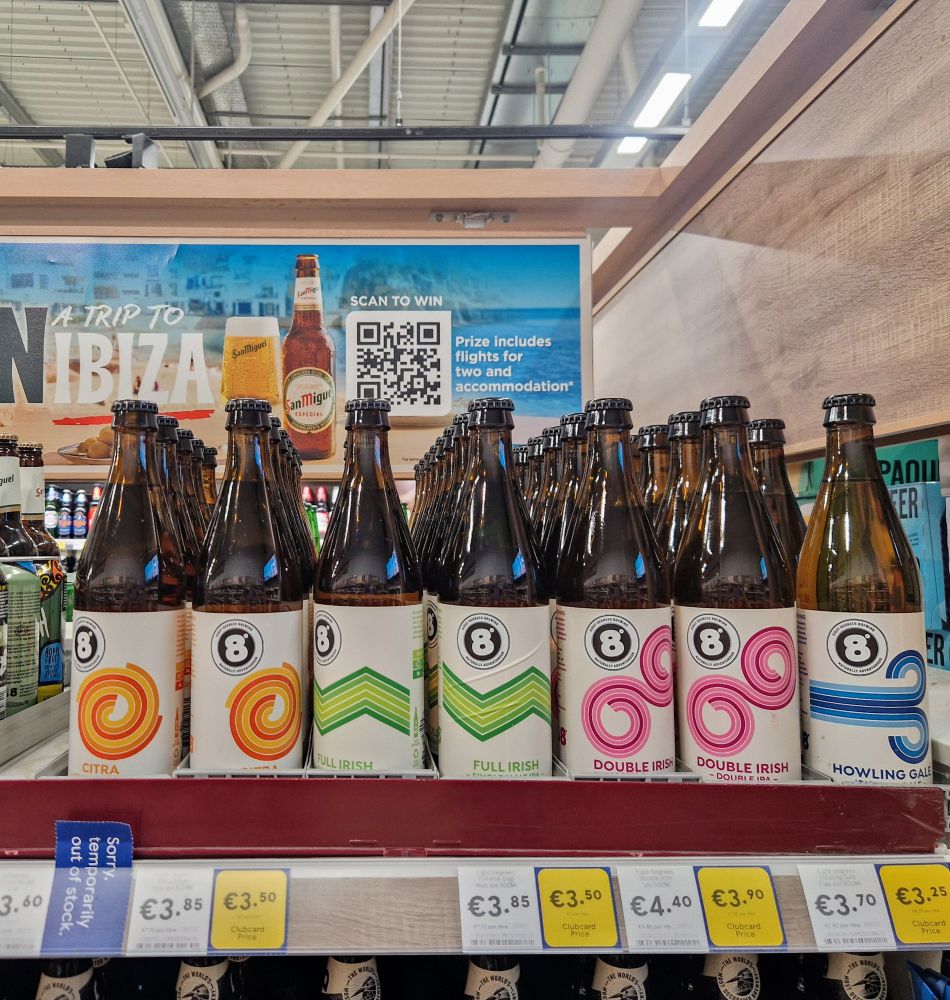 A line up of Eight Degrees Brewing beer bottles 