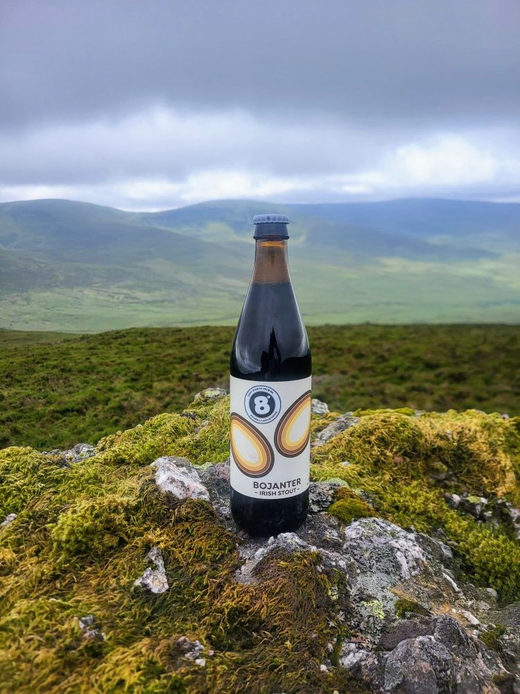 A bottle of beer on top of an Irish mountain 