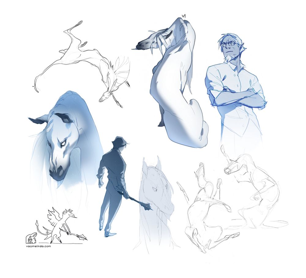 Sketches of Pegasus, wings not included. From top left, clockwise: a movement sketch, a colored drawing of him looking at the viewer over his shoulder, lightly colored sketch of his human form with crossed arms, some rough sketches, a portrait, a lightly colored sketch of his human form from behind, and a colored portrait. Bottom left: scribbly doodle of him in Pegasus form holding a mace. The sketch compilation has a cold blue color scheme, overall.
