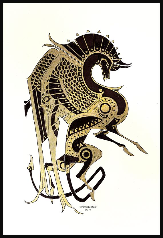 Drawing of a very stylized Pegasus. He is in a rearing pose, wings folded. The main colors are black and gold. It's a traditional piece drawn with gel pens and ink.