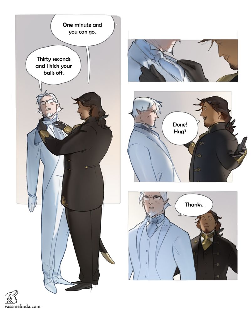 Digital, colored, shaded comic page about how Griffin does Pegasus's tie, and how Pegasus thanks him for it.