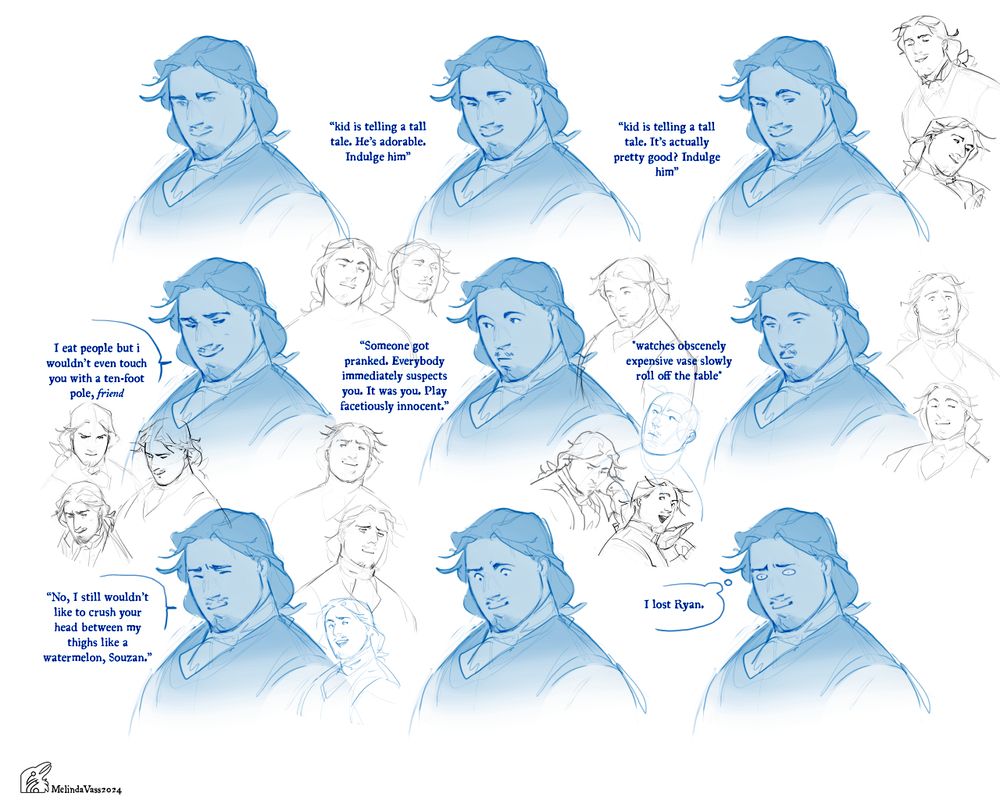 Three rows of expression sketches of Griffin, with smaller sketches of the same nature sprinkled between them. 

The text says, from top left to bottom right: "Kid is telling a tall tale. He's adorable. Indulge him" - "Kid is telling a tall tale. It's actually pretty good? Indulge him" - "I eat people but I wouldn't even touch you with a ten-foot pole, friend" - "Someone got pranked. Everybody immediately suspects it was you. It was you. Play innocent" - "Watches obscenely expensive vase slowly roll off the table" - "No, I still wouldn't like to crush your head between my thigh like a watermelon, Souzan" - "I lost Ryan"