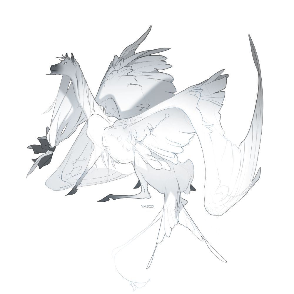 Grayscale sketch of Pegasus, wearing a loose bow in his mane. He's partially leaning on his long wings while sitting. Dated 2020.
