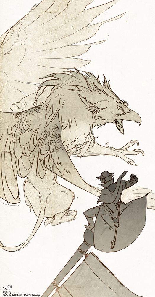 Watercolor-like, sepia toned digital drawing. On the ground, below the figure of human-form Pegasus, there is Griffin, staring up at him angrily. The distance is probably large between them, as Pegasus is balancing on top of a massive flagpole. They might be fighting.