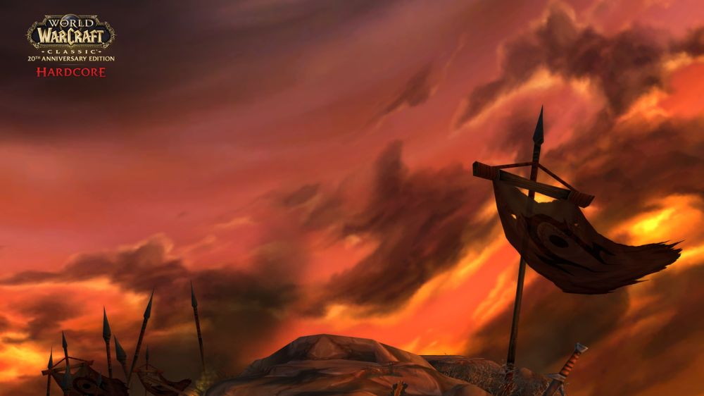 The WoW Classic Hardcore screen, showing a horde flag atop a peak with an orange background.