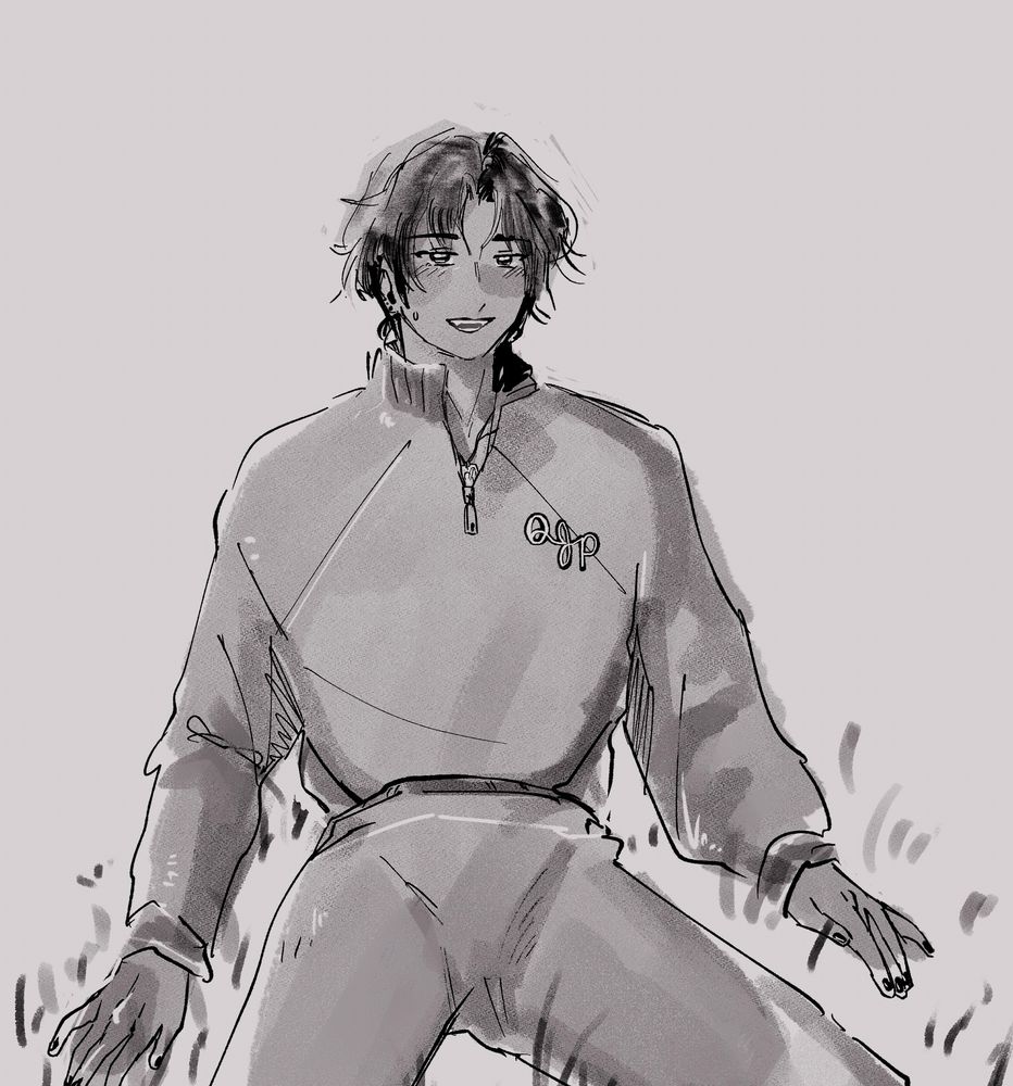 a tanned bingdi in her school sweats, resting in the grass