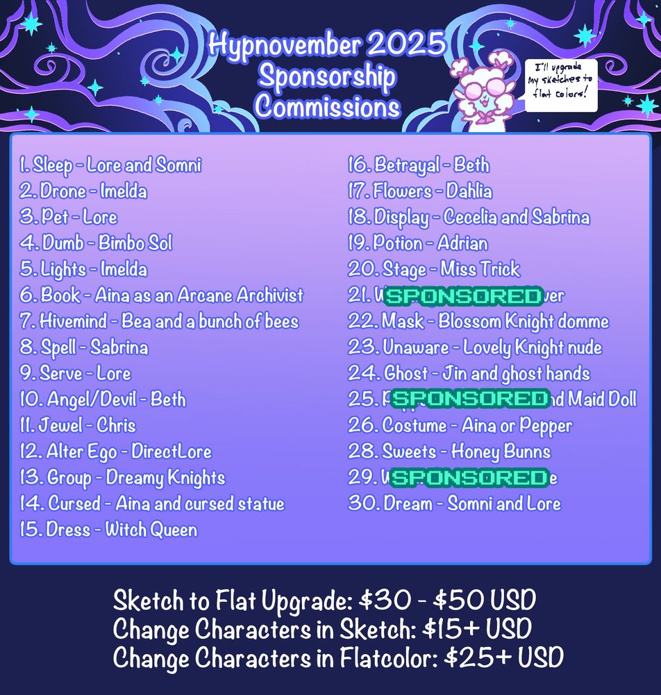 Commission sheet for Hypnovember Drawing Prompts