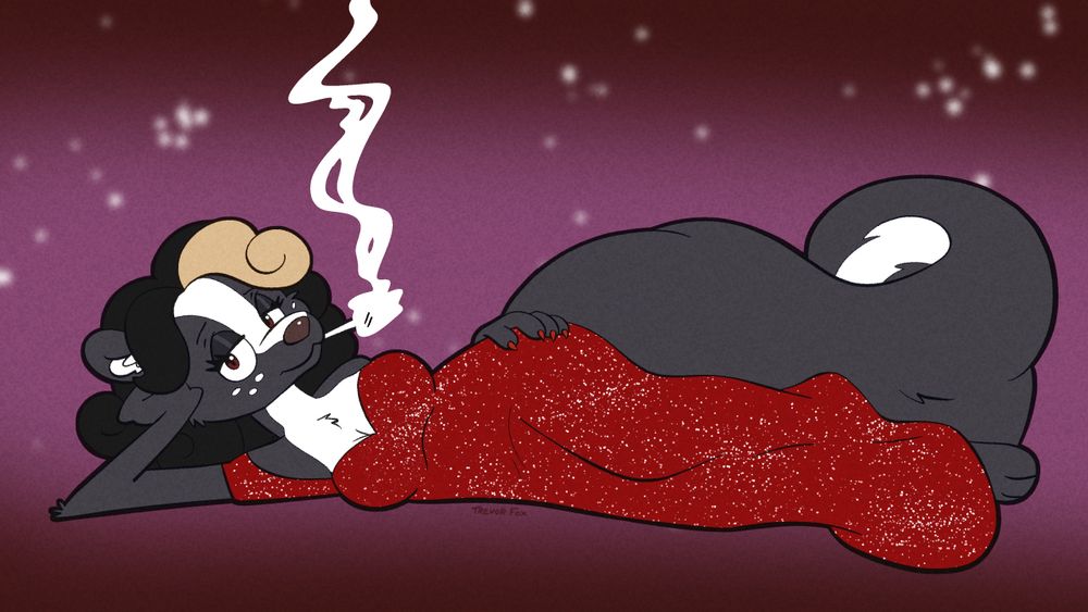 A female skunk laying down, posing seductively for the viewer, and smoking a cigarette