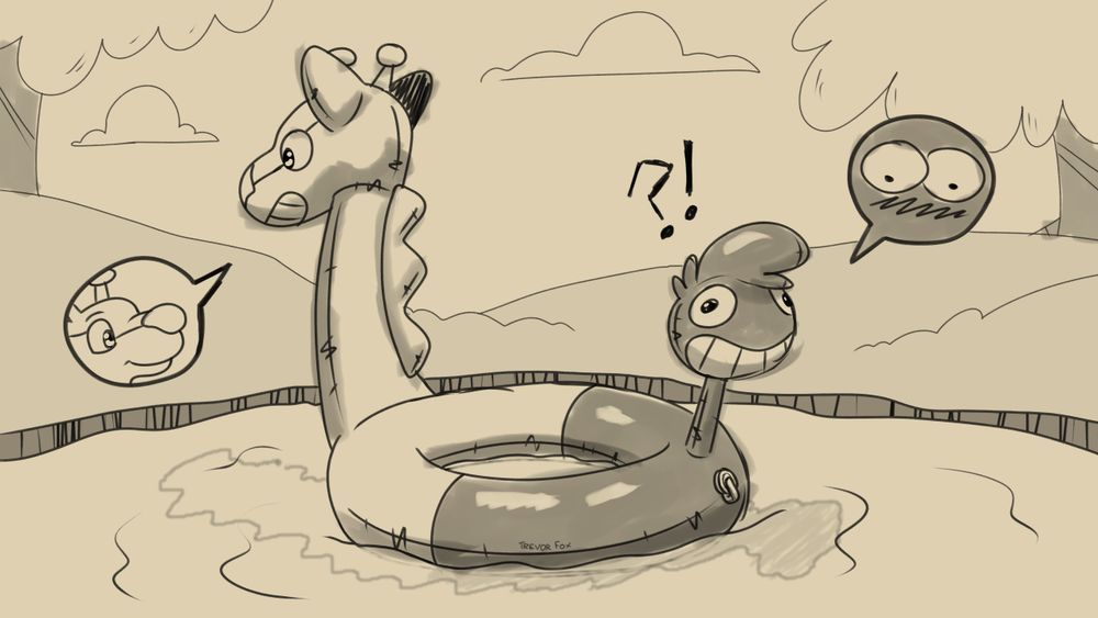 Tailvor and Kyp transformed into a pooltoy and floating in a pond