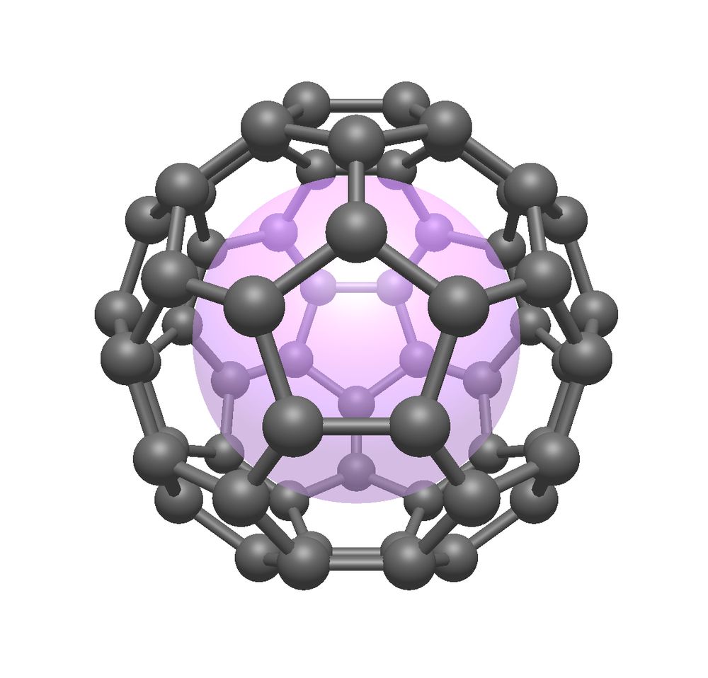Screenshot from Avogadro showing a C60 buckminsterfullerene cage with a translucent sodium atom inside