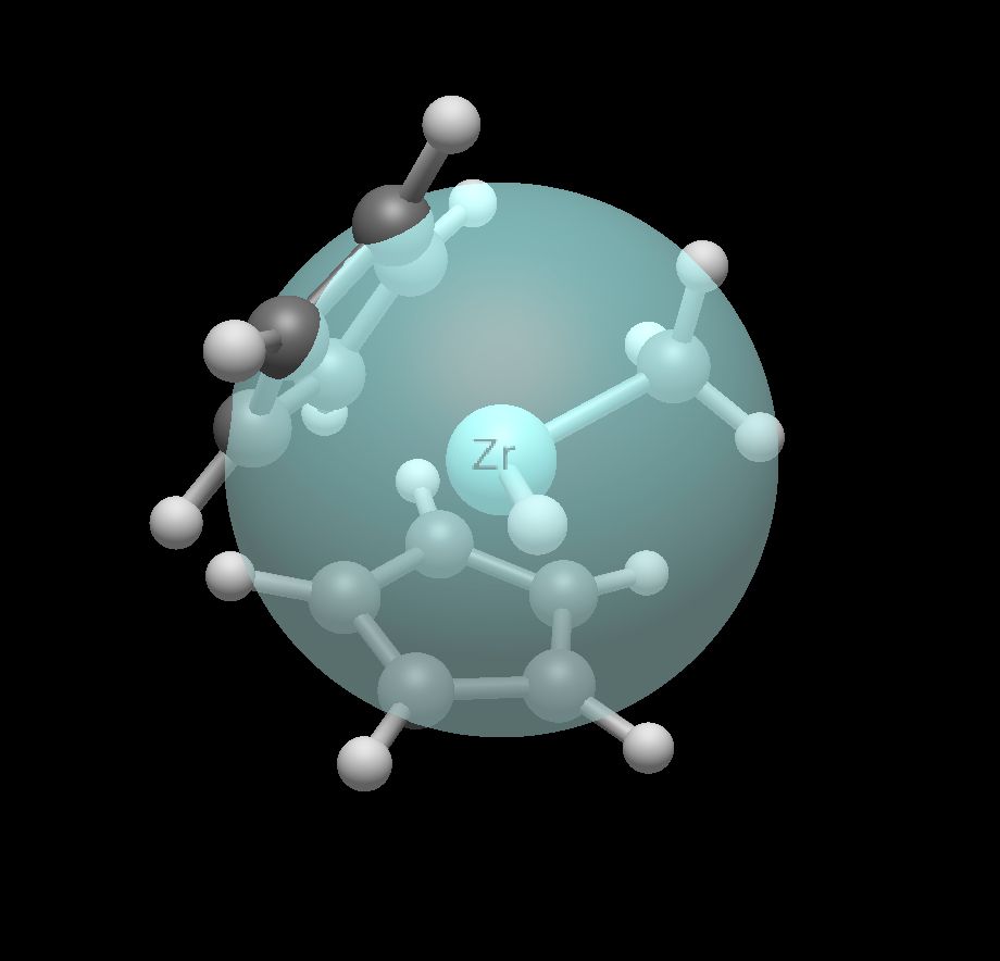 Screenshot of a zirconacene catalyst with zirconium atom marked as "Zr" surrounded by a translucent van der Waals sphere illustrating the size of the metal atom and its interaction with the ligands