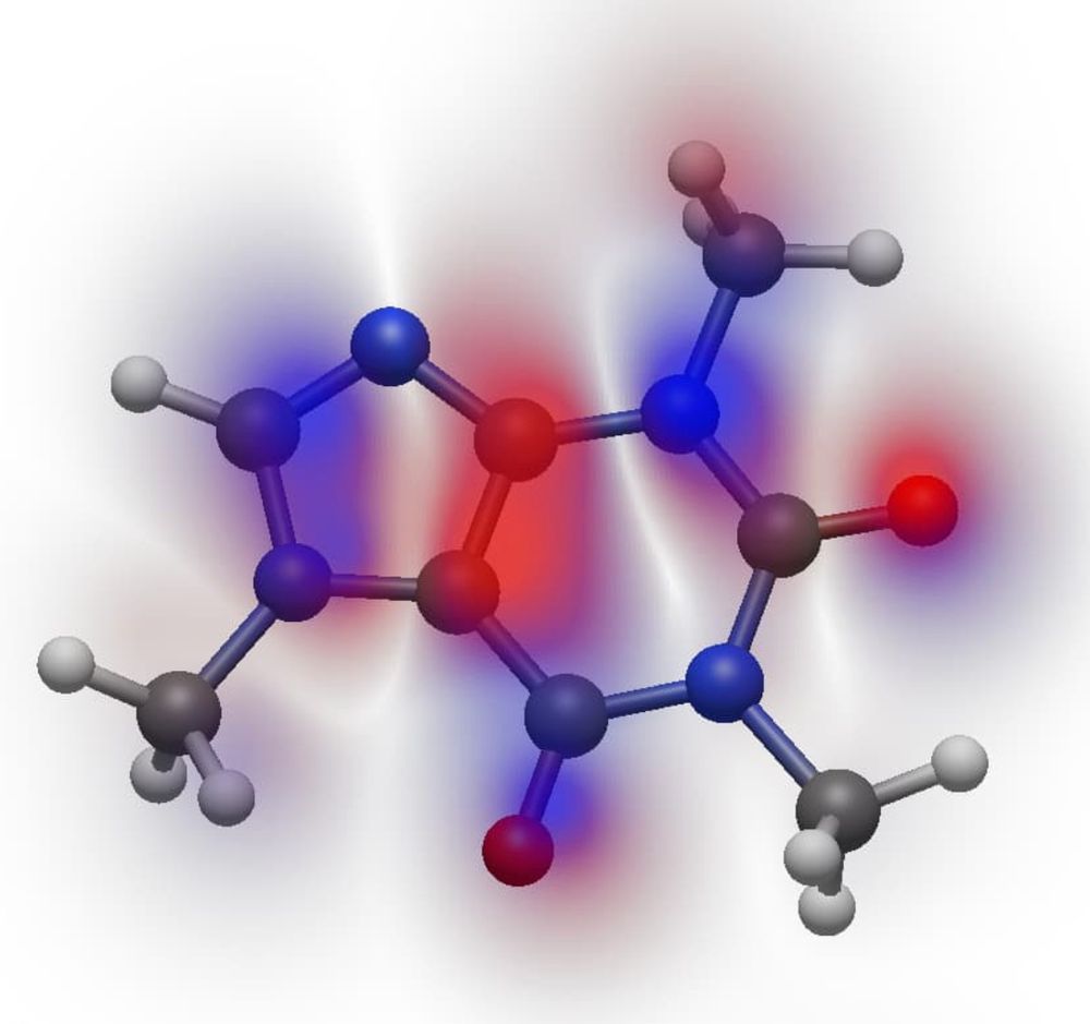 Volumetric "cloud" rendering of highest occupied molecular orbital (HOMO) of caffeine in Avogadro 2