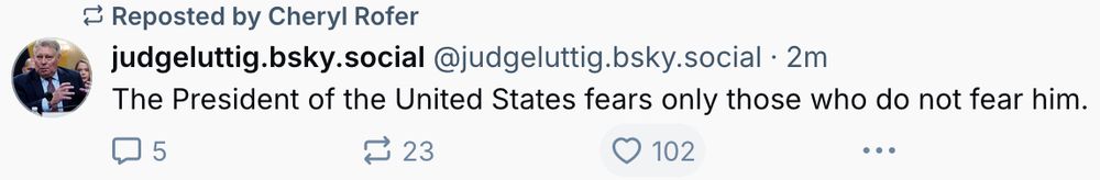 post from Judge Luttig (reposted by Cheryl Rofer)
The President of the United States fears only those who do not fear him.