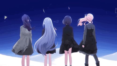 a group of anime girls are standing in the snow looking at the sky