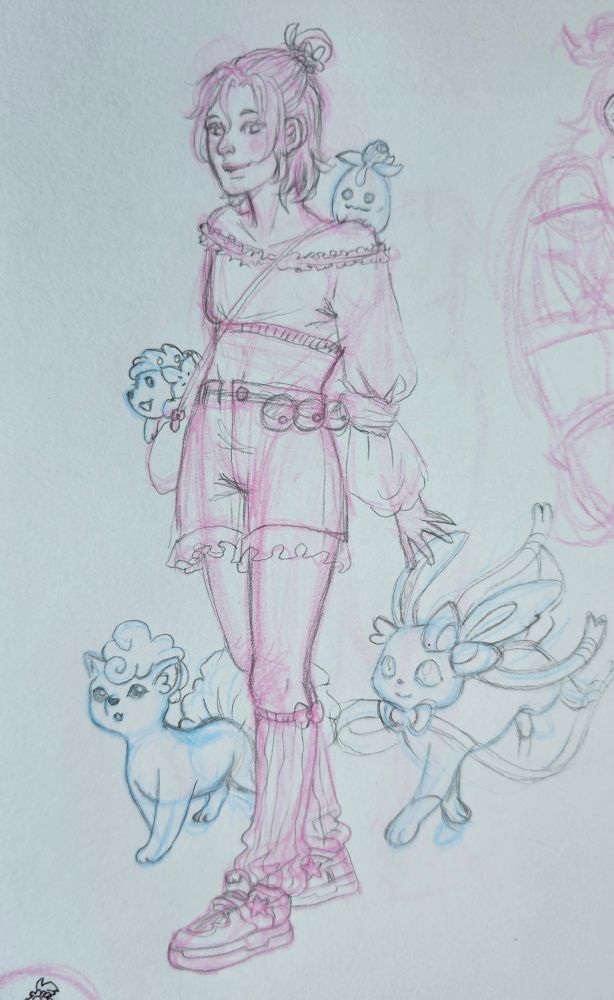 Ganzkörperskizze von Hex mit vier Pokemon (Aloa Vulpix, Shaymin, Smoliv und Feelinara)

Outfit: Hotpants mit Ruffles, chunky Turnschuhe, baggy Beinstulpen, Croptop mit langen Ärmeln