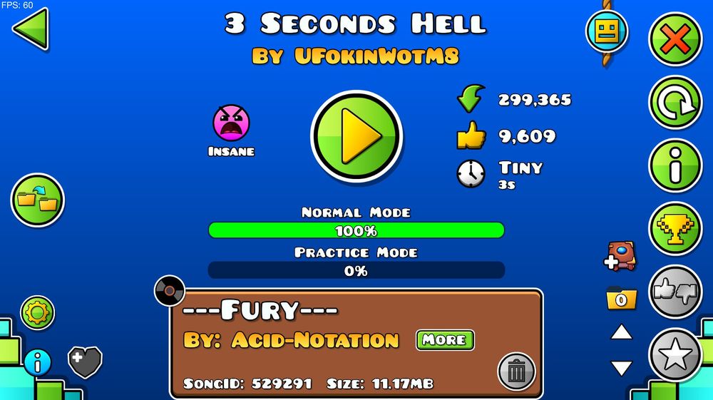 level completion menu of 3 seconds hell by ufokinwotm8; a short but tricky wave challenge where you kinda click to the music