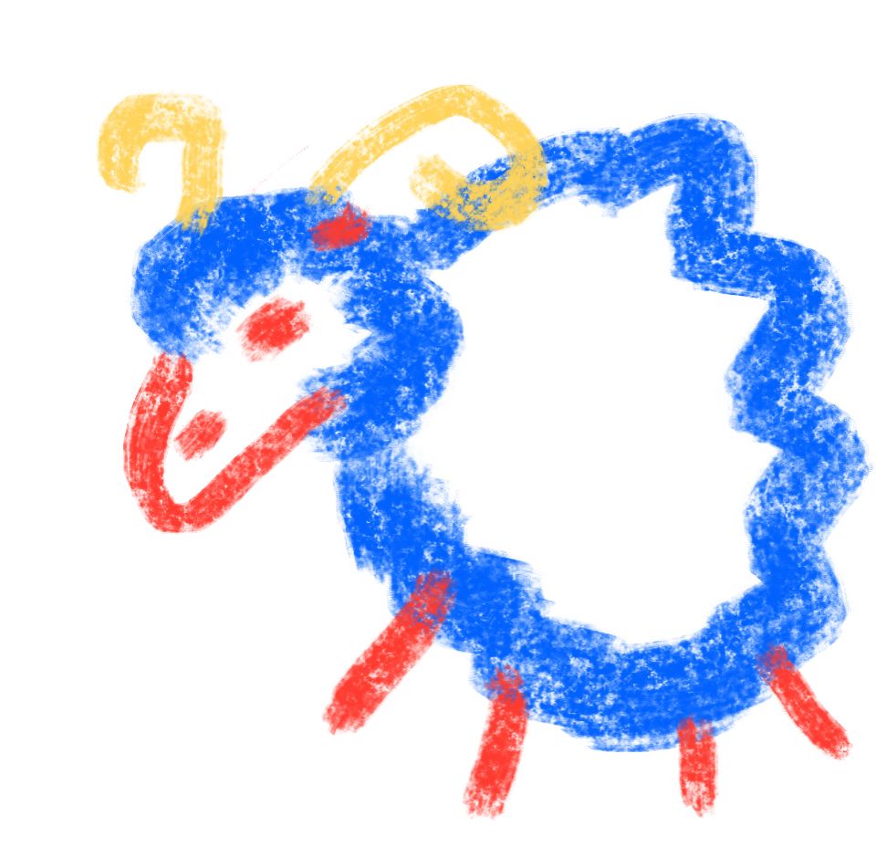 Poorly drawn sheep. Crayon style. Blue body, red snout and stick legs, yellow horns 