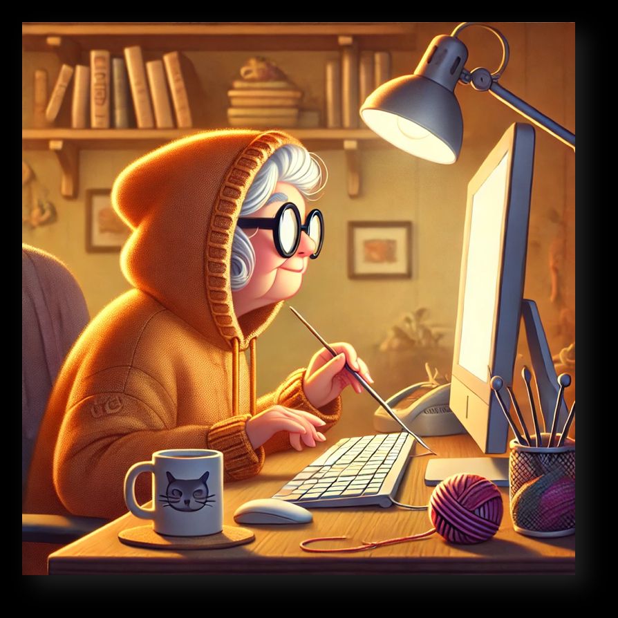 A grandmother in a hoodie using a computer