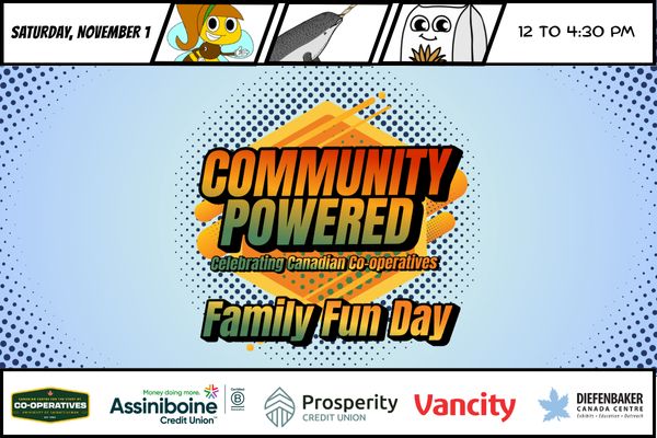 This Saturday, November 1 from 12-4:30 pm, join our friends at the Diefenbaker Canada Centre at the University of Saskatchewan in Saskatoon for a Family Fun Day themed around the 𝘾𝙤𝙢𝙢𝙪𝙣𝙞𝙩𝙮 𝙋𝙤𝙬𝙚𝙧𝙚𝙙: 𝘾𝙚𝙡𝙚𝙗𝙧𝙖𝙩𝙞𝙣𝙜 𝘾𝙖𝙣𝙖𝙙𝙞𝙖𝙣 𝘾𝙤-𝙤𝙥𝙚𝙧𝙖𝙩𝙞𝙫𝙚𝙨 exhibition. 
Free fun for the whole family—games, activities, and snacks for the everyone to enjoy!
The 𝘾𝙤𝙢𝙢𝙪𝙣𝙞𝙩𝙮 𝙋𝙤𝙬𝙚𝙧𝙚𝙙 exhibit shares the story of Canadian co-operation, from the prairies' iconic Wheat Pool and the Arctic co-ops art trade to co-op camps and the financial institutions that serve the banking and insurance needs of millions of Canadians. This Family Fun Day is powered by our CCSC funders, Assiniboine Credit Union, Prosperity Credit Union, and Vancity.