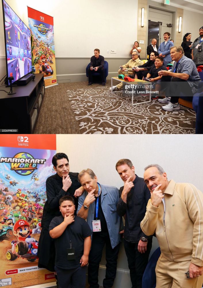 The cast of Dexter Resurrection playing Mario Kart World on Switch 2 with The Rizzler