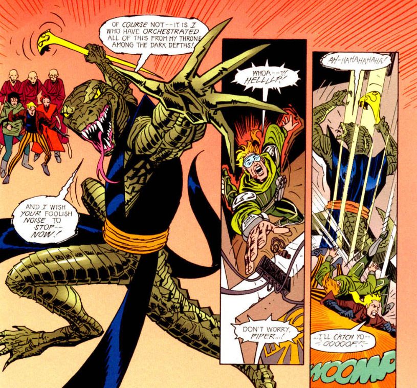 trickster jumps underneath pied piper to stop him falling, lands painfully on his stomach