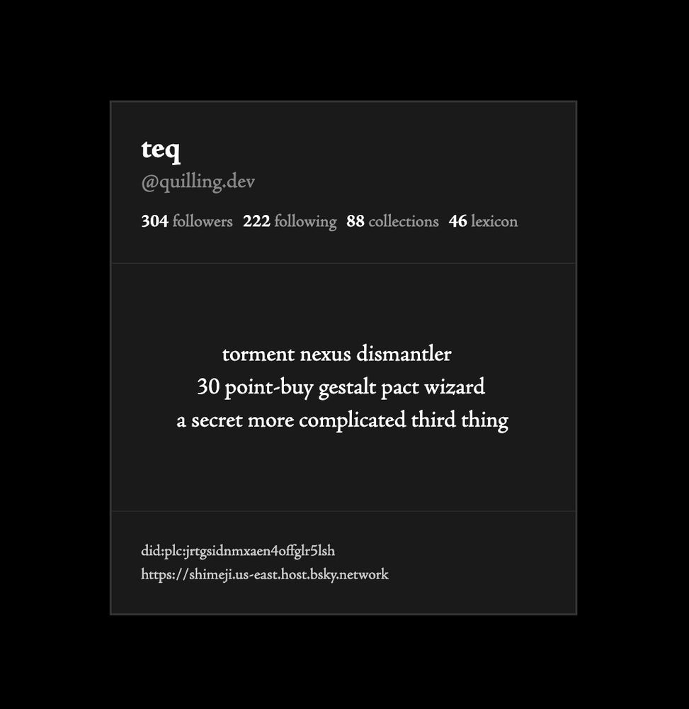 teq quilling.dev's profile on anisota showing 88 collections and 46 lexicons