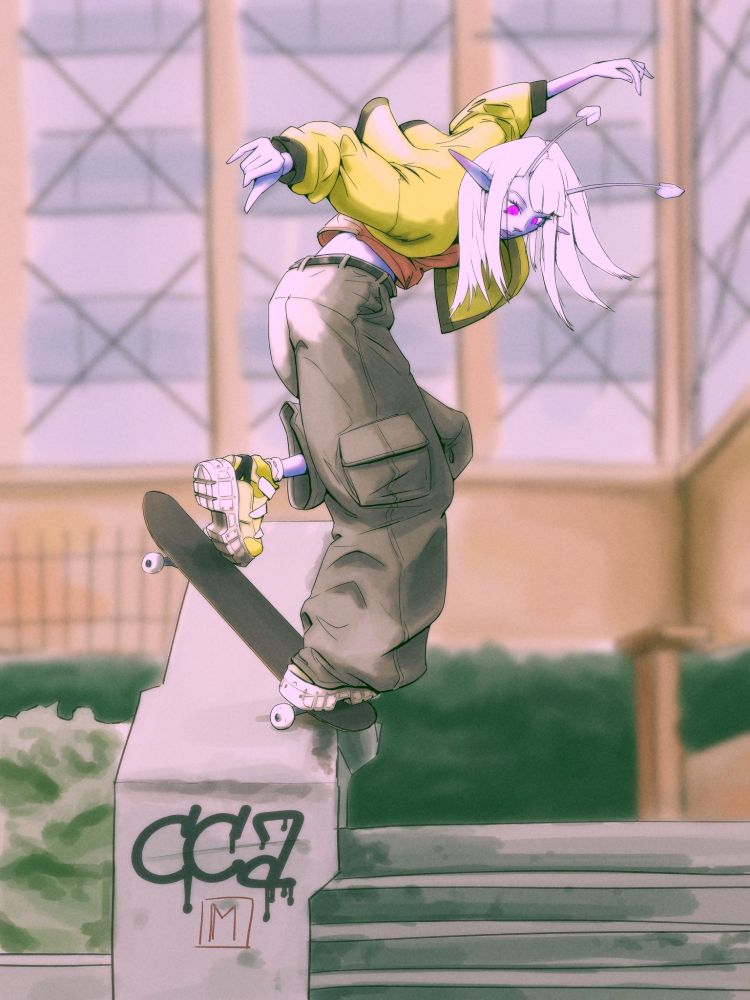 An illustration of a blue alien girl riding a skateboard and performing a backside noseblunt on a hubba ledge.
It is a reference to a photo of Eric Koston performing the same trick. 
She's wearing a yellow jacket with matching yellow sneakers, a red t-shirt, and baggy cargo pants.