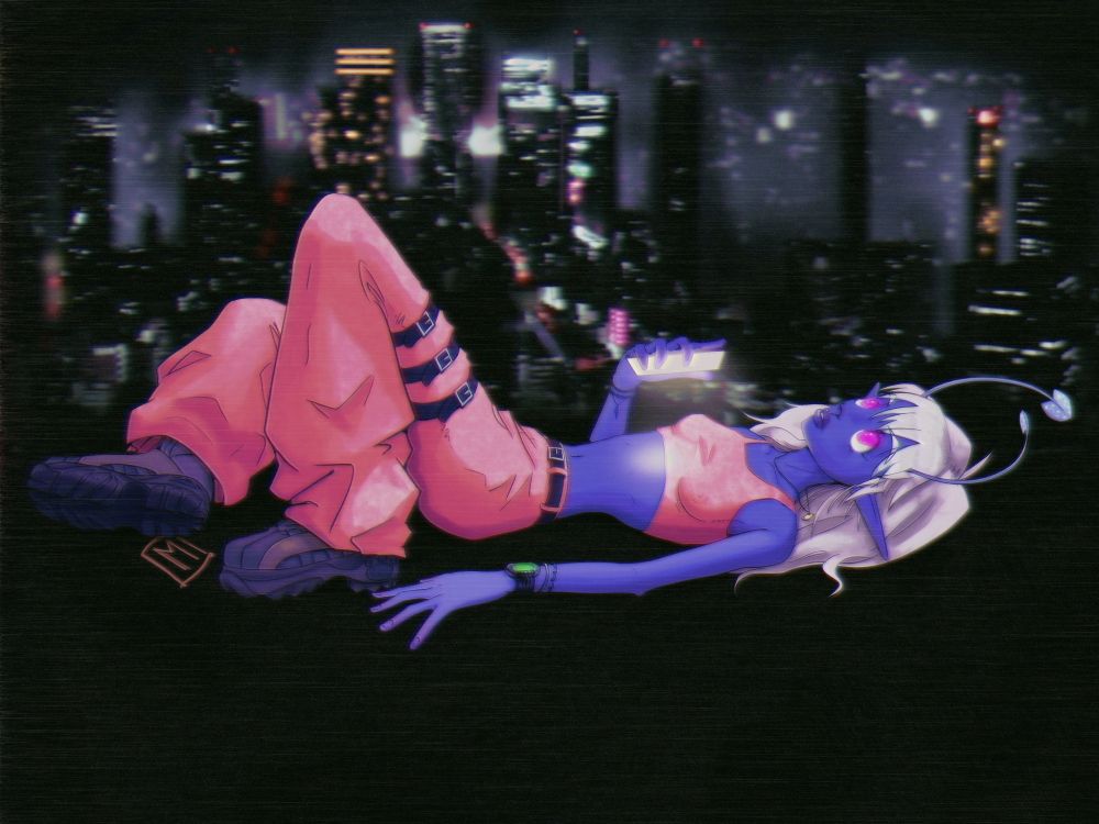 A digital illustration of a blue alien girl named Tsuru lying on her back. She has her phone in hand but is looking up towards the night sky.
She appears to be on top of a skyscraper with a cityscape in the background.
Tsuru is wearing a tight pink cropped tanktop, matching pink UFO pants, and custom Buffalo sneakers.