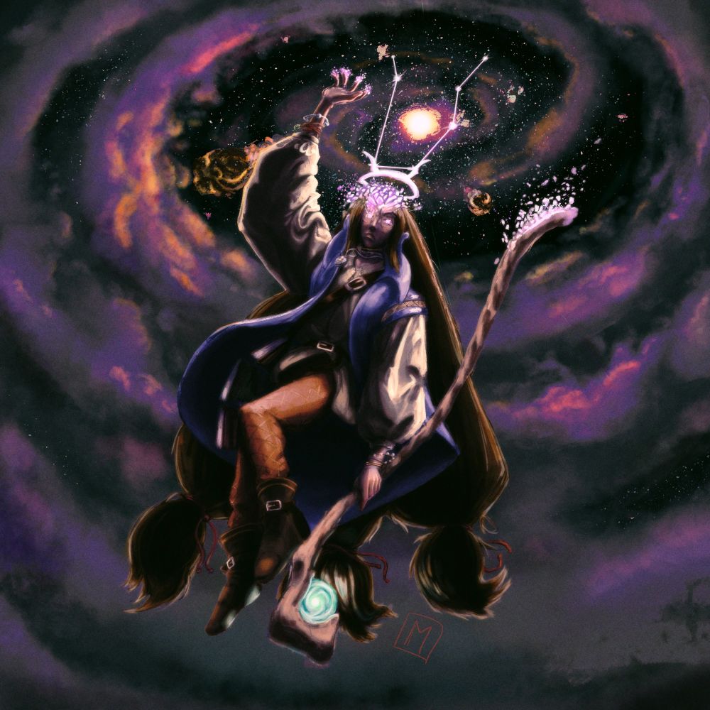 A digital illustration of a human wizard levitating in the air, his hand outstretched above him. 
He carries a staff and has a crown of starlight. 