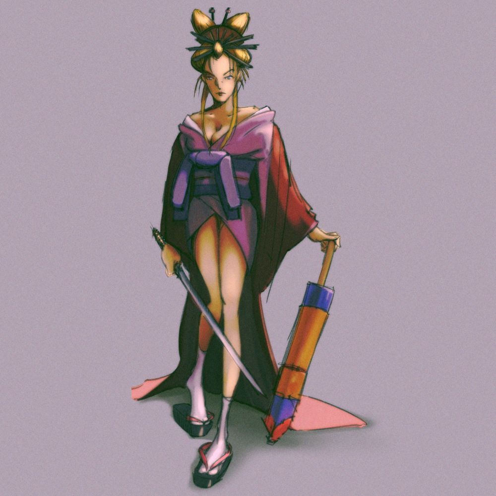 A woman stands, holding a sword and an umbrella. She is wearing a pink kimono with a red overcoat. Her blonde hair is done in a style inspired by geiko.