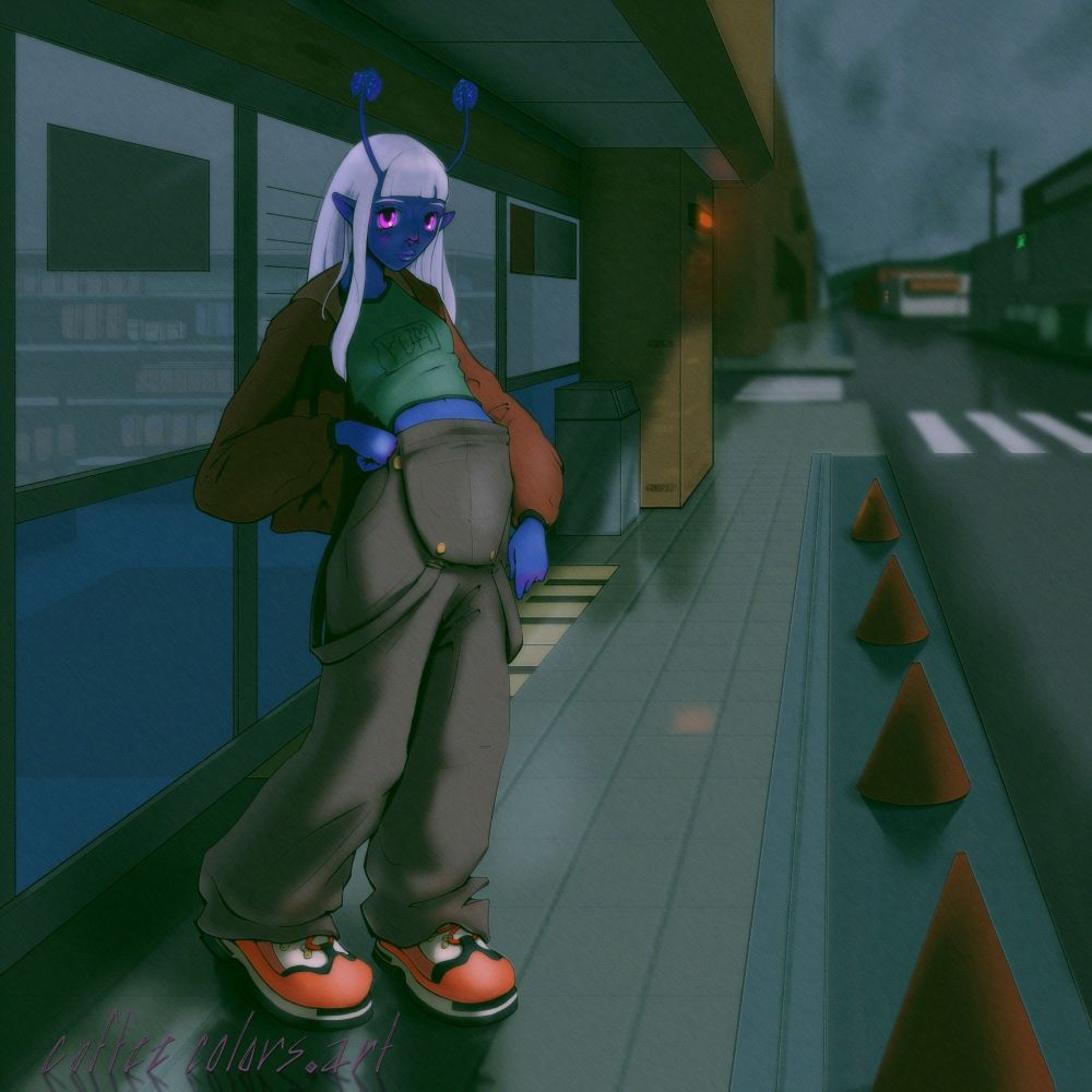 A fashionable blue alien named Tsuru stands outside of a convenience store on an empty street. 
It's cloudy and moody, but her magenta eyes glow through the dark. 
She wears her overalls with the straps hanging to the sides, and she has big, red hiking shoes.