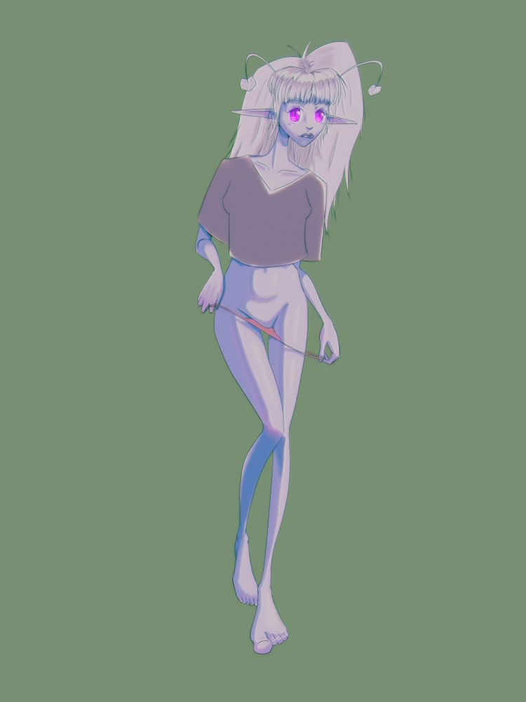 A digital illustration of blue alien girl named Tsuru.
She is doing her best to look sexy while posed as if looking in a mirror.
Tsuru is wearing a mauve night shirt and is pulling her panties down for her pose.