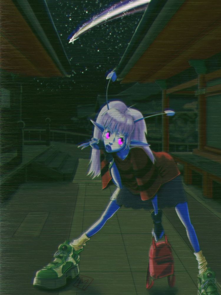 A digital illustration of a blue alien girl named Tsuru.
She is striking a pose between two temple buildings.
Although it is night, a brilliant shooting star helps illuminate Tsuru.
She is wearing an oversized red T-shirt, a dark skirt, and custom New Rock shoes.
Tsuru's luminescent magenta eyes glow through the darkness.
