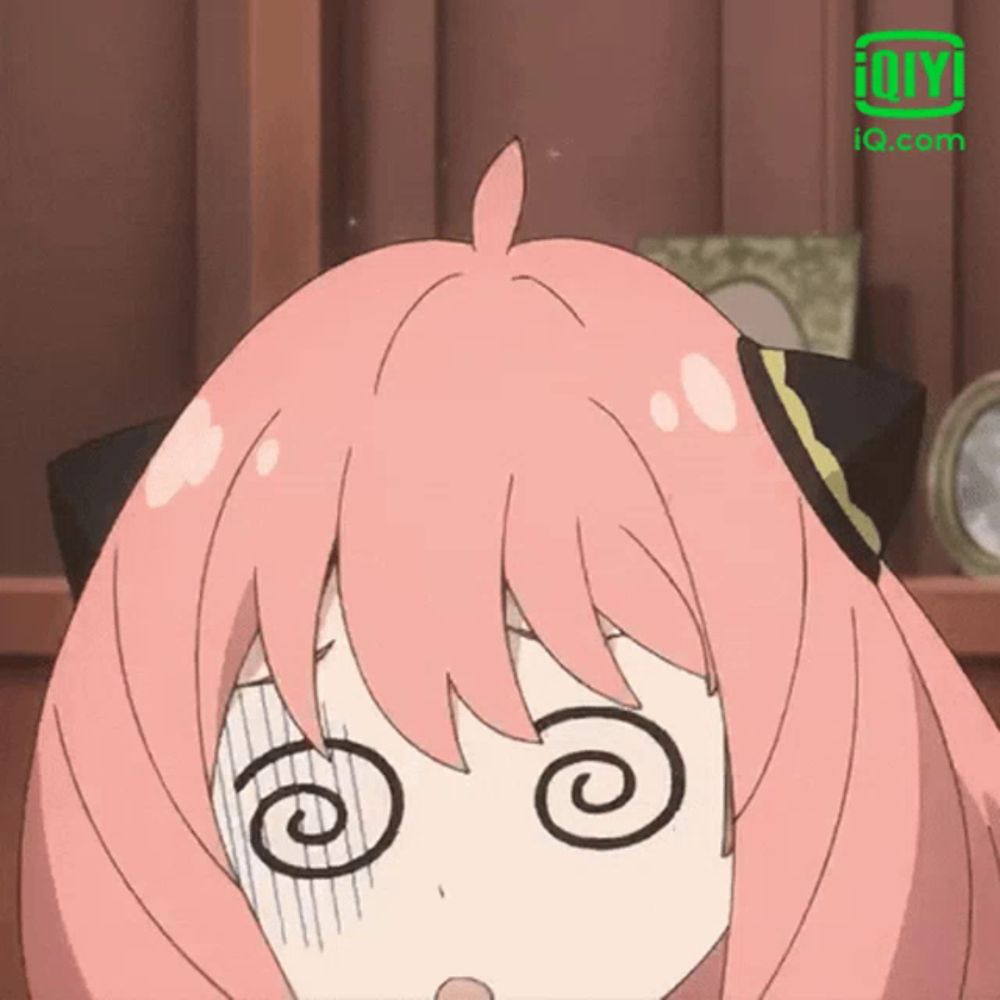 a cartoon girl with pink hair has a swirl in her eyes