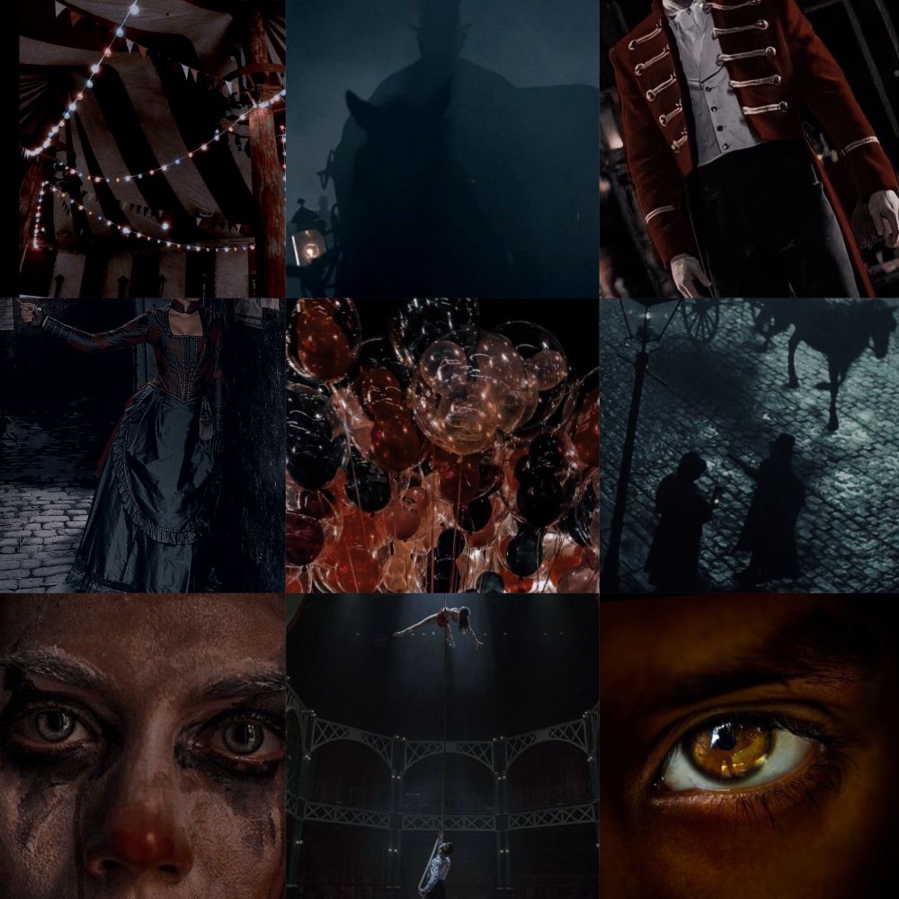 Moodboard for my book featuring 
A circus tent strewn with fairy lights
The silhouette of a carriage and coachman in fog
A ringmaster’s uniform 
A victorian woman’s dress
Multicoloured balloons
The silhouette of Victorian men on the streets
A woman with melting clown makeup
A scene from The Greatest Showman: an acrobat up in the air with a man singing below 
A brown man’s hazel eyes 