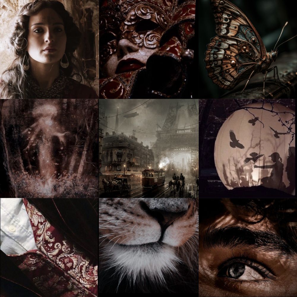 Moodboard for my historical fantasy featuring 

A woman’s face, a mask, a steampunk butterfly, a forest spirit, steampunk paros, shadow figures, a man’s embroidered waistcoat, a lion’s chin, and a man’s eye 